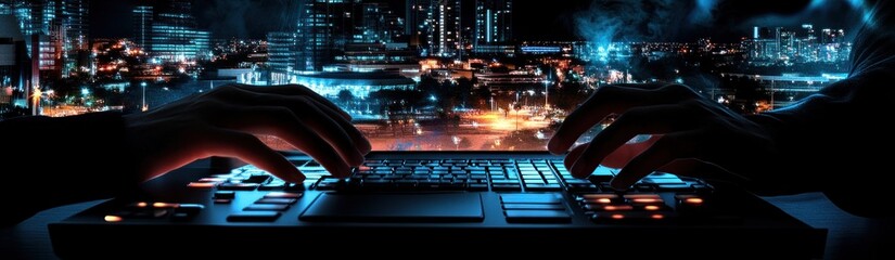 Aufkleber - Hands typing on a keyboard with a city skyline at night in the background.