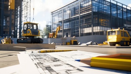 Aufkleber - Construction site with machinery and blueprints.