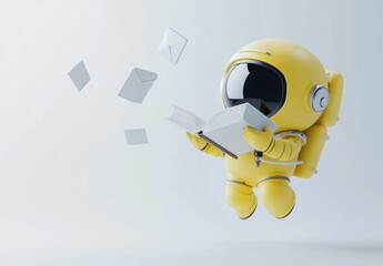 Poster - A playful yellow astronaut reading a book while floating, surrounded by scattered papers.