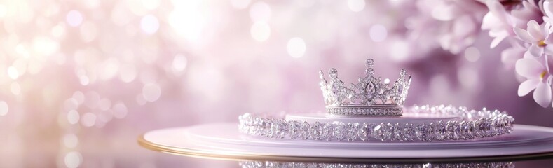 Poster - A sparkling crown on a delicate plate, surrounded by soft pink blossoms and light.