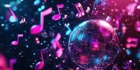 Poster - A vibrant disco scene with a mirrored ball and colorful musical notes.