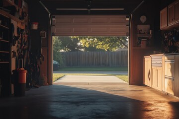 Poster - A sunlit garage interior with tools and an open door leading to a grassy area outside.