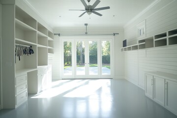 Aufkleber - Bright, minimalist room with shelves and large windows for storage or workspace.