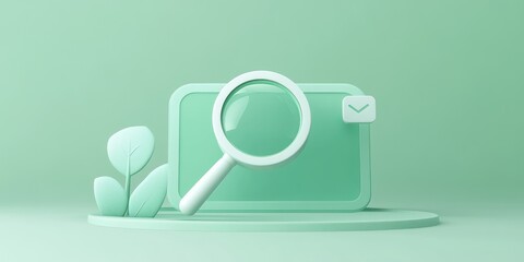 Poster - A minimalist design featuring a magnifying glass over a screen with a message icon and plants.