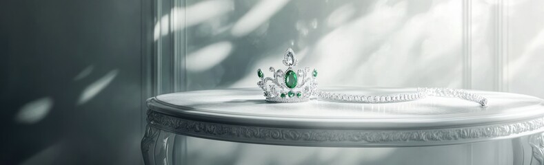 Poster - A delicate crown with emeralds rests on a table, illuminated by soft light.