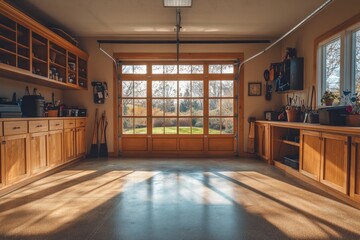 Aufkleber - A spacious garage with wooden cabinets and large windows overlooking a garden.