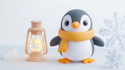 Poster - A cute penguin with a scarf next to a lantern and snowflakes, evoking a winter theme.