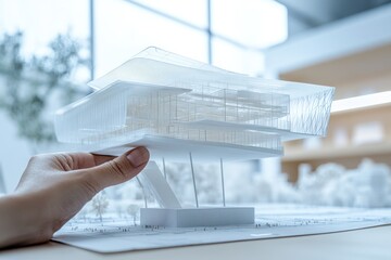 Poster - A hand holds a modern architectural model showcasing innovative design elements.