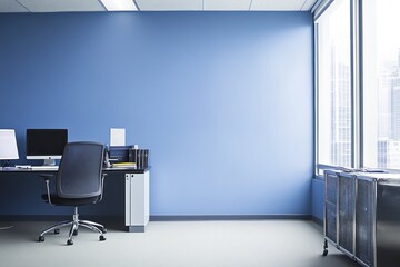 Aufkleber - A modern office space featuring a desk, chair, and large window with a blue wall.