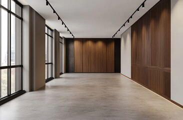 Aufkleber - Modern interior space with large windows and wooden accents, suitable for various uses.