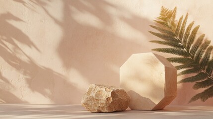 Poster - A serene arrangement of geometric stones and a fern against a soft, textured background.