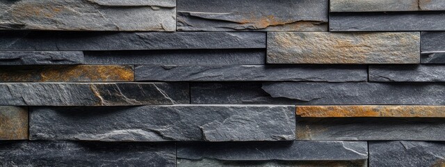 Poster - A textured wall made of layered slate stone in various shades of gray and brown.
