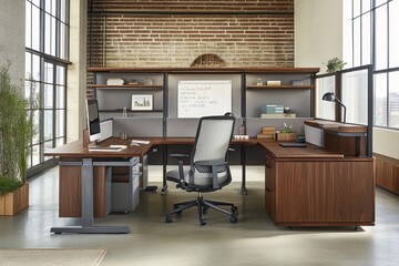 Aufkleber - Modern office workspace with a desk, chair, and shelving in a bright environment.