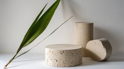 Leinwandbilder - A minimalist arrangement of textured cylindrical shapes and a green leaf on a light background.