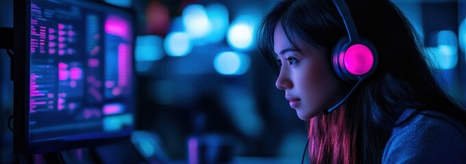 Fototapete - A focused individual wearing a headset, engaged with a computer screen displaying data.