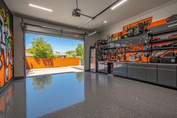 Poster - A modern garage showcasing organized tools and equipment with vibrant wall art.