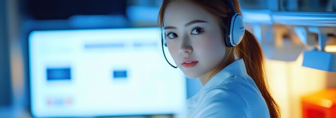 Poster - A focused individual wearing a headset, working in a tech environment with screens.