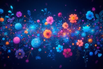 Fototapete - Vibrant Neon Flowers Bloom in Dark Night Garden