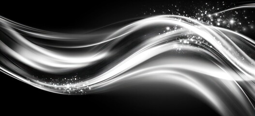 Poster - Abstract design featuring flowing white lines and sparkling elements on a black background.