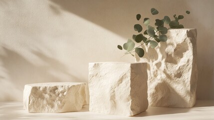 Poster - A minimalist arrangement of textured stone blocks with a sprig of eucalyptus.