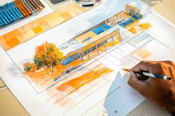 Poster - A hand sketches a colorful architectural design with trees and outdoor seating.