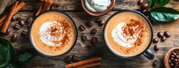 Poster - Two coffee cups with cream, cinnamon, and coffee beans on a wooden surface.