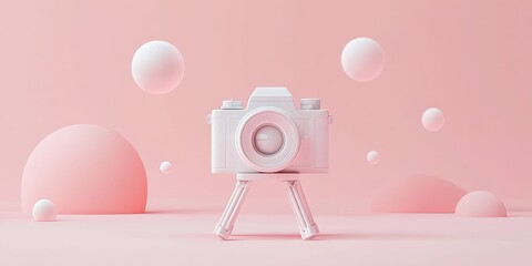 Aufkleber - A minimalist white camera on a tripod against a soft pink background with geometric shapes.