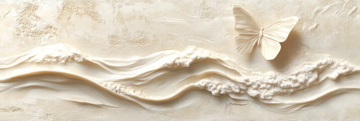 Poster - A textured relief of waves and a butterfly, creating a serene and elegant visual.