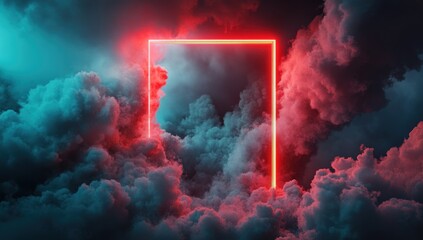 Poster - A vibrant, surreal scene featuring glowing clouds and a luminous rectangular frame.