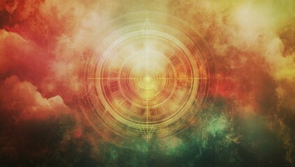 Aufkleber - Abstract design featuring a luminous compass-like symbol amidst a colorful cosmic background.