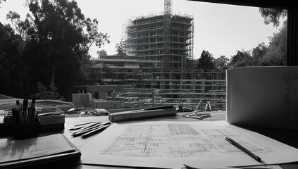 Aufkleber - Architectural plans on a desk with a construction site view through a window.