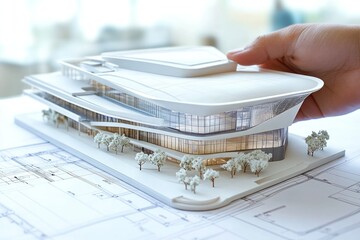 Poster - A hand adjusts a detailed architectural model of a modern building on blueprints.