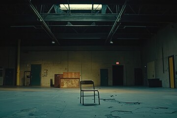 Poster - A solitary chair in an empty, dimly lit industrial space, evoking feelings of isolation.