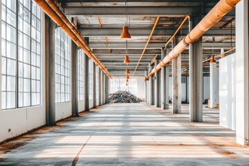 Poster - A spacious, industrial interior with large windows and exposed pipes, showcasing construction work.