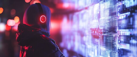 Poster - A person with headphones interacts with a digital display in a vibrant, futuristic setting.