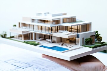 Poster - A hand holding a detailed architectural model of a modern luxury villa with a pool.