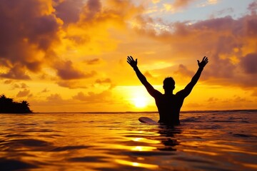 Poster - A silhouetted figure celebrates at sunset in the ocean, embodying joy and freedom.