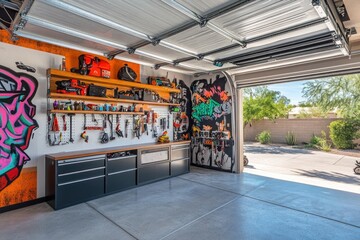 Poster - A modern garage with organized tools, vibrant graffiti, and ample space for projects.