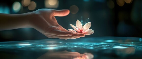Aufkleber - A hand gently holds a glowing flower, symbolizing beauty and connection in a serene setting.