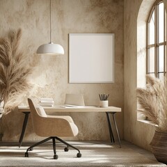Aufkleber - A serene workspace featuring a desk, chair, and decorative plants in a neutral-toned room.