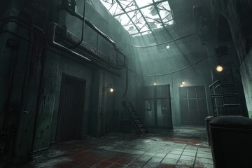 Poster - A dimly lit industrial room with a staircase and large windows, creating an eerie atmosphere.