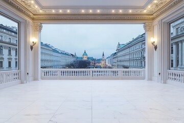 Poster - A spacious interior with large windows showcasing a city view.