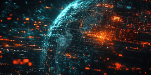 Aufkleber - A digital representation of Earth with glowing data streams, symbolizing technology and connectivity.