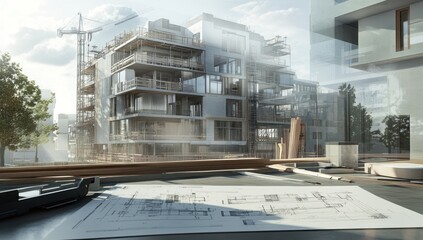 Poster - A construction site with blueprints, showcasing modern architecture development.