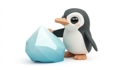 Leinwandbilder - A cute cartoon penguin interacting with a stylized blue crystal.