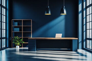 Aufkleber - Modern office interior featuring a desk, laptop, and plant in a stylish environment.