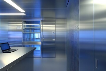 Poster - A modern, sleek interior featuring metallic surfaces and a minimalist design.