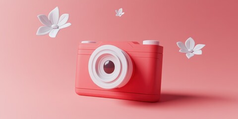 Poster - A vibrant pink camera surrounded by white flowers on a soft pink background.