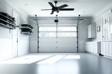 Poster - A spacious, well-lit garage featuring a ceiling fan and organized storage.