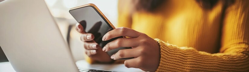 Poster - A person holding a smartphone while using a laptop, suggesting multitasking or work.